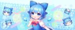  1girl ahoge blue_bow blue_dress blue_eyes blue_hair blush bow cirno coa_(chroo_x) collared_shirt commentary_request detached_wings dress fairy frilled_dress frills hair_bow ice ice_wings multiple_views open_mouth puffy_short_sleeves puffy_sleeves shirt short_hair short_sleeves smile touhou white_shirt wings 