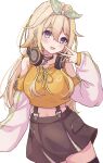  1girl absurdres blonde_hair blush bow bow_hairband breasts brown_skirt clothing_cutout commentary_request cowboy_shot drawstring fingernails green_bow hair_between_eyes hair_bow hairband headphones headphones_around_neck highres hood hood_down hoodie ieiri_popo ieiri_popo_(2nd_costume) jewelry large_breasts long_bangs long_hair long_sleeves looking_at_viewer midriff multicolored_hair nanashi_inc. necklace official_alternate_costume open_mouth plaid plaid_bow purple_eyes shishishi shoulder_cutout sidelocks simple_background skirt smile solo streaked_hair suspender_skirt suspenders transparent_background v virtual_youtuber yellow_hoodie 