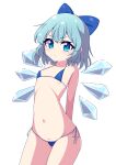  1girl arms_behind_back bikini blue_bow blue_eyes blue_hair bow breasts cirno commentary_request contrapposto cowboy_shot hair_bow highres ice ice_wings looking_at_viewer micro_bikini navel petite sabfish1229 simple_background small_breasts solo swimsuit touhou white_background wings 