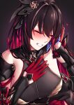  1girl absurdres black_hair blush breasts closed_eyes colored_inner_hair conch gloves grin hair_between_eyes hair_ornament hand_on_own_chest highres holding honkai_(series) honkai_impact_3rd large_breasts long_hair multicolored_hair pyeong-il_pyeongil red_gloves red_hair seele_(alter_ego) seele_vollerei seele_vollerei_(starchasm_nyx) smile solo upper_body 