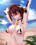  1girl absurdres animal_ears arm_up armpits beach bell bikini black_choker blonde_hair blue_sky blush breasts brown_hair choker cleavage cow_ears cow_print_bikini cowbell eel_girl english_commentary fins fish_tail hair_bun highres idol_corp juna_unagi large_breasts lightning_ahoge long_hair looking_at_viewer navel open_mouth palm_leaf sand single_hair_bun sky solo swimsuit tail thinkuwu virtual_youtuber water white_bikini yellow_eyes 