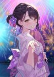  1girl absurdres aerial_fireworks black_hair blurry blurry_background blush braid brown_eyes commentary_request depth_of_field fireworks from_side grey_kimono hair_between_eyes hair_bun hand_fan hand_up highres holding holding_fan japanese_clothes jewelry kimono long_sleeves looking_at_viewer looking_to_the_side nail_polish night night_sky obi okuma_mai original outdoors paper_fan purple_nails ring sash sky skyline smile solo striped striped_kimono uchiwa vertical-striped_kimono vertical_stripes wide_sleeves 