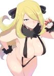  1girl areola_slip black_eyes black_one-piece_swimsuit blonde_hair breasts closed_mouth covered_nipples cynthia_(pokemon) female_pubic_hair fur_collar fur_cuffs hair_ornament hand_up highres holding holding_poke_ball large_breasts leaning_forward long_hair looking_at_viewer navel one-piece_swimsuit poke_ball poke_ball_(basic) pokemon pokemon_(game) pokemon_dppt pubic_hair pubic_hair_peek simple_background slingshot_swimsuit solo stomach sweatdrop swimsuit thighs v-shaped_eyebrows very_long_hair wavy_mouth white_background yuuma_(yuma1111) 
