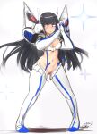  1girl black_hair blue_eyes blush breasts full_body hatsu_(hatsumiilkshake) highres kill_la_kill kiryuuin_satsuki medium_hair navel pussy shadow sign simple_background solo sparkle standing white_background 