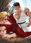  2boys abs bara black_hair blonde_hair blush cloud day dougi headband highres ken_masters large_pectorals leg_up looking_at_another male_focus multiple_boys muscular muscular_male outdoors paid_reward_available patreon_username pectorals red_headband ryu_(street_fighter) short_hair sky smile street_fighter street_fighter_ii_(series) suyohara teeth torn_clothes yaoi 