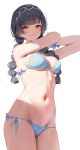  1girl bare_arms bare_shoulders bikini black_hair blue_bikini blush braid breasts closed_mouth cowboy_shot front-tie_bikini_top front-tie_top gin00 hair_ornament highres idolmaster idolmaster_shiny_colors large_breasts looking_at_viewer mayuzumi_fuyuko medium_hair navel side-tie_bikini_bottom sideboob simple_background smile solo stomach swimsuit twin_braids twintails underboob wet white_background yellow_eyes 