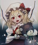  1girl :d ascot bare_arms blonde_hair bow commentary_request crystal fang flandre_scarlet grey_background happy hat hat_bow head_tilt holding holding_stuffed_toy leaning_to_the_side long_hair mob_cap mochacot one_side_up open_mouth puffy_short_sleeves puffy_sleeves red_bow red_eyes red_skirt red_vest short_sleeves simple_background skin_fang skirt slit_pupils smile solo straight-on stuffed_animal stuffed_toy teddy_bear touhou vest wings yellow_ascot 