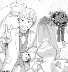  1boy 1girl arm_grab arm_up armpit_peek artist_name blush boku_no_hero_academia bouquet bow bowtie breasts bridal_veil buttons check_clothing cleavage clenched_hand dotted_line dress elbow_gloves emphasis_lines flower flower_request fur-tipped_tail gloves greyscale grin hagakure_tooru hair_flower hair_ornament halter_dress halterneck hand_up hands_up happy head_tilt hetero holding holding_bouquet invisible jewelry kamichi_ka lapels leaning_to_the_side locked_arms looking_ahead monochrome no_sclera notched_lapels ojiro_mashirao ring rose see-through see-through_dress shirt short_eyebrows short_hair side-by-side sleeveless sleeveless_dress smile suit suit_jacket tail tuxedo upper_body v veil waistcoat wedding wedding_ring white_background 