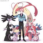  1boy absurdres black_pants blue_eyes bright_pupils character_request closed_mouth commentary_request crossover ensemble_stars! espeon full_body gothita happiny highres holding holding_poke_ball itsuki_shu long_hair milotic pants pink_hair poke_ball pokemon pokemon_(creature) purple_eyes short_bangs short_hair simple_background sleeves_past_elbows solo twitter_username very_long_hair watch wednesday_108 white_background white_pupils wristwatch 