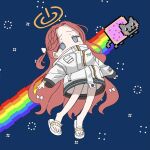  1girl @_@ atat250 blue_archive blue_background bow braid cat coat covered_mouth floating floating_hair forehead full_body furrowed_brow grey_eyes hair_bow halo high_collar long_hair long_sleeves multiple_hair_bows no_pants nyan_cat one_side_up pixelated pop_tart rainbow red_hair sandals side_braid solo space very_long_hair wavy_hair white_bow white_coat yuzu_(blue_archive) 