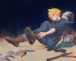  1boy black_undershirt blonde_hair blue_eyes blue_jacket blue_pants boots brown_footwear closed_mouth cloud_strife collared_jacket commentary crisis_core_final_fantasy_vii dressing earrings english_commentary final_fantasy final_fantasy_vii full_body gloves gloves_removed headwear_removed helmet helmet_removed highres ho_fan jacket jewelry male_focus pants scarf scarf_removed shinra_infantry_uniform short_hair sitting solo spiked_hair stud_earrings 