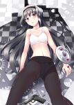  1girl akemi_homura archived_source argyle argyle_legwear arm_shield black_eyes black_hair black_hairband black_pantyhose blush bra breasts bullet checkered_floor feet_out_of_frame gears gisyo gun hairband handgun jewelry leg_up long_hair looking_at_viewer lying m1911 magical_girl mahou_shoujo_madoka_magica mahou_shoujo_madoka_magica_(anime) on_back on_floor panties panties_under_pantyhose pantyhose parted_lips ring small_breasts solo soul_gem underwear variant_set weapon white_bra white_panties 