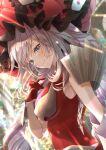  1girl absurdres back_cutout blue_eyes blurry blurry_background breasts clothing_cutout cross-laced_clothes cross-laced_top fate/grand_order fate_(series) flower frilled_hat frills gloves grey_hair hat highres long_hair marie_antoinette_(fate) red_flower red_gloves red_headwear red_rose ringlets rose sleeveless solo totomiya upper_body 
