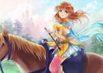  1girl akuru_(akr369akr) belt blue_eyes breasts brown_belt brown_hair brown_horse castle cleavage commission fingerless_gloves fire_emblem gauntlets gloves hair_tubes horseback_riding large_breasts light_particles long_hair looking_at_viewer mist_(fire_emblem) open_mouth outdoors pink_gloves pink_thighhighs riding riding_crop saddle see-through see-through_cleavage skeb_commission thighhighs 