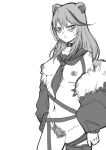 1girl absurdres adapted_costume animal_ears arknights bare_shoulders bear_ears belt blush choker cowboy_shot cuishui detached_collar fur-trimmed_jacket fur_trim highres jacket long_hair looking_to_the_side monochrome naked_jacket necktie nipples pubic_hair revealing_clothes simple_background solo standing thigh_strap zima_(arknights) 