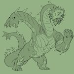  awarebear beard facial_hair feral green_background hydra long_neck looking_at_hand male mid_transformation muscular muscular_male nude scales simple_background solo spikes tail transformation were 