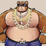  1:1 2023 :3 anthro barazoku bear big_bulge big_pecs bulge chain chain_necklace clock clothing eyewear front_view gold_(metal) gold_chain hi_res huge_pecs janjauwu jewelry male mammal musclegut muscular muscular_male necklace overweight overweight_male pattern_clothing pattern_underwear pecs pip_(tiny_headed_kingdom) simple_background solo striped_clothing striped_underwear stripes sunglasses thick_arms tiny_headed_kingdom underwear watch wristwatch 