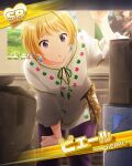  1boy blonde_hair box card_(medium) earrings idolmaster idolmaster_side-m jewelry male_focus official_art pants pierre_bichelberger poster_(object) purple_eyes purple_pants shirt solo 