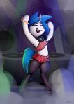  absurd_res andelai biped blue_hair blue_tail bottomwear clothing digital_media_(artwork) equid equine eyelashes eyes_closed female friendship_is_magic hair hasbro headphones hi_res horn mammal my_little_pony open_mouth open_smile semi-anthro shorts signature smile standing tail unicorn unicorn_horn vinyl_scratch_(mlp) white_body 