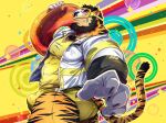  2022 anthro beard bearwivme black_sleeves blue_eyes chest_tuft claws clothing facial_hair facial_piercing felid finger_claws fur grin hi_res hotaru_hirano jacket jaokuma looking_at_viewer male mammal nose_piercing orange_body orange_fur pantherine pantsless pattern_background pattern_clothing pattern_jacket pattern_topwear pecs piercing pool_float septum_circular_barbell septum_piercing shirt simple_background smile solo sparkles striped_background striped_body striped_clothing striped_fur striped_jacket striped_topwear stripes tiger topwear tuft underwear white_clothing white_jacket white_topwear yellow_background yellow_clothing yellow_shirt yellow_stripes yellow_topwear yellow_underwear yutari 