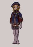  1boy blonde_hair blue_eyes blue_headwear boots closed_mouth earrings full_body gloves grey_footwear grey_gloves jewelry kokekokeimo link pointy_ears royal_guard_set_(zelda) simple_background solo standing the_legend_of_zelda the_legend_of_zelda:_breath_of_the_wild 