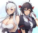  2girls apron azur_lane belfast_(azur_lane) blue_eyes braid breasts character_request choker cleavage collarbone commission gloves highres large_breasts long_hair looking_at_viewer maid maid_headdress maitei_roppa multiple_girls pixiv_commission purple_eyes smile white_gloves white_hair 