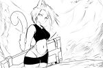  anthro black_and_white clothing felid feline female fuseadrift hatching_(art) legwear mammal meowers monochrome shaded simple_background sketch solo tail thigh_highs 