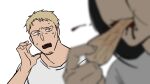  2boys alternate_hairstyle androgynous biting blonde_hair blood blood_splatter blurry blurry_foreground elbow_rest eren_yeager facial_hair foodification goatee hair_down highres lip_piercing long_hair looking_at_another male_focus multiple_boys piercing reiner_braun shingeki_no_kyojin shirt short_hair solo_focus stubble sweatdrop syabbal-i table tearing_up upper_body white_shirt 