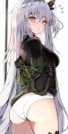  1girl arknights ass black_gloves blush breasts closed_mouth from_behind gloves green_jacket grey_hair highres jacket kyuu_(plastic_night_q) long_hair looking_at_viewer looking_back medium_breasts no_pants off_shoulder official_alternate_costume one_side_up open_clothes open_jacket panties red_eyes simple_background skadi_(arknights) skadi_(the_next_afternoon_tea)_(arknights) solo underwear undressing very_long_hair white_background white_panties 
