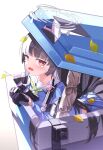  animal_ears arrow_(symbol) bags_under_eyes black_hair blue_archive blue_serafuku blue_shirt commentary fake_animal_ears green_neckerchief highres in_trash_can leaf leaf_on_head long_hair long_sleeves miyu_(blue_archive) neckerchief parted_lips puffy_long_sleeves puffy_sleeves rabbit_ears recycling_symbol red_eyes sailor_collar sailor_shirt school_uniform serafuku shirt solo tatara_(alnath_may) trash_can weapon white_sailor_collar 