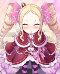  1girl beatrice_(re:zero) blonde_hair blush capelet checkered_floor closed_eyes commentary_request crown dress drill_hair food fur-trimmed_capelet fur_trim hair_ribbon incoming_pocky_kiss long_hair mini_crown pantyhose pink_ribbon pocky re:zero_kara_hajimeru_isekai_seikatsu red_capelet red_dress ribbon s_(hdru2332) sidelocks solo sparkle_background striped striped_pantyhose twin_drills 