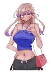  1girl bare_shoulders blue_shirt blush boku_no_kokoro_no_yabai_yatsu breasts brown_eyes colored_tips earrings highres jewelry large_breasts light_brown_hair long28 multicolored_hair navel pink_nails purple_hair red_bag shirt simple_background sleeveless sleeveless_shirt yamada_anna 