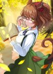  1girl absurdres adjusting_eyewear animal_ears aston_machan_(umamusume) autumn_leaves blurry blurry_background book breasts brown_hair commentary_request cowboy_shot ear_ornament green_eyes hanamura_pink highres holding holding_book horse_ears horse_girl horse_tail long_sleeves looking_at_viewer medium_breasts medium_hair official_alternate_costume outdoors ponytail red-framed_eyewear semi-rimless_eyewear solo tail tail_through_clothes umamusume 
