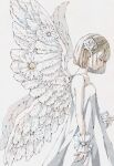  1girl angel_wings arm_up armband blonde_hair closed_mouth collarbone daisy dress feathered_wings flower flower_wings frilled_armband frills hair_flower hair_ornament highres looking_down medium_hair multiple_wings original profile simple_background sleeveless sleeveless_dress toaruocha upper_body white_background white_dress white_wings wings 