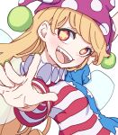  1girl absurdres american_flag_dress blonde_hair blush clownpiece dress fairy fairy_wings hat highres jester_cap kame_(kamepan44231) long_hair open_mouth polka_dot polka_dot_headwear purple_headwear red_eyes short_sleeves simple_background smile solo star_(symbol) star_print striped striped_dress touhou upper_body white_background wings 