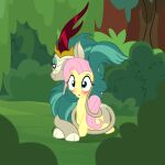  absurd_res asian_mythology badumsquish blue_eyes blush chinese_mythology cloven_hooves cuddling east_asian_mythology equid equine eyeshadow female fluttershy_(mlp) forest friendship_is_magic fur hasbro hi_res hooves kirin makeup mammal mane my_little_pony mythology plant queen_rain_shine_(mlp) shrub tree turquoise_eyeshadow turquoise_hair wide_eyed yellow_body yellow_fur 