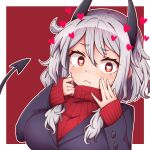  1girl :&lt; black_jacket breasts commentary demon_horns demon_tail english_commentary grey_hair hands_up heart heart-shaped_pupils helltaker horns jacket large_breasts long_sleeves looking_at_viewer modeus_(helltaker) red_eyes short_hair solo symbol-shaped_pupils tail upper_body wool_(miwol) 