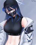  1girl absurdres bare_shoulders baseball_cap black_headwear black_shirt blue_archive blue_eyes blue_hair blunt_bangs breasts coat commentary_request crop_top grey_background hat head_tilt highres large_breasts long_hair long_sleeves looking_at_viewer mask midriff mouth_mask navel off_shoulder open_clothes open_coat saori_(blue_archive) shirt simple_background sleeveless sleeveless_shirt solo stomach upper_body white_coat whti0613 