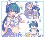  2girls :d ? absurdres angry animal_ears arm_at_side armband arrow_(symbol) bear_ears blanket blue_border blue_eyes blue_neckerchief blush_stickers border chibi chibi_inset commentary crop_top fake_animal_ears fingerless_gloves frilled_shirt frills frown gloves green_hair grey_hair hair_between_eyes hair_ornament hair_scrunchie hand_up highres idoly_pride kabotd long_bangs long_hair low_twintails midriff multiple_girls multiple_views navel neckerchief notice_lines okuyama_sumire open_mouth outside_border plaid_neckerchief pleated_skirt raised_eyebrows red_eyes sailor_collar sand_castle sand_sculpture scrunchie shirt simple_background sitting skirt sleeveless sleeveless_shirt smile squiggle straight_hair sweat tendou_rui towel towel_around_neck twintails v v-shaped_eyebrows white_background white_gloves white_sailor_collar white_scrunchie white_shirt white_skirt 