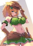  1girl adjusting_clothes adjusting_headwear aqua_eyes arm_strap armpits bandana bare_shoulders blush breasts brown_gloves brown_hair cleavage commentary_request cowboy_hat cowboy_shot gloves gradient_background green_skirt gun hair_ornament hand_on_own_hip hat highres holster holstered horse_girl horse_tail large_breasts looking_at_viewer medium_hair midriff navel ponytail red_bandana revolver skirt smile taiki_shuttle_(umamusume) tail two-tone_background umamusume weapon white_background yuutopia 