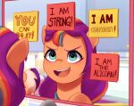  blue_eyes earth_pony english_text equid equine female fur hair hasbro hi_res hooves horse leg_markings mammal marenlicious markings mirror my_little_pony open_mouth open_smile orange_body orange_fur pony post-it_note purple_hair reflection smile socks_(marking) solo text 