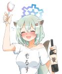  1girl alcohol alternate_costume animal_ears blue_archive blush bottle breasts closed_eyes clothes_writing cup drinking_glass drunk green_hair hair_between_eyes hair_ornament hairclip halo highres holding holding_bottle holding_cup medium_breasts off_shoulder open_mouth shigure_(blue_archive) shirt short_hair short_sleeves simple_background solo tail unot_227 upper_body white_background white_shirt wine wine_bottle wine_glass 