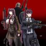 1boy 2girls absurdres agent_47 bald bullpup crossover dated dolla_(nikke) dual_wielding earrings formal girls&#039;_frontline goddess_of_victory:_nikke gradient_background gun handgun highres hitman_(game) holding holding_gun holding_weapon holy_light jewelry m1911 multiple_girls one_side_up pant_suit pants ponytail rifle science_fiction signature sniper_rifle suit suppressor trait_connection trigger_discipline wa2000_(girls&#039;_frontline) walther walther_wa_2000 weapon 