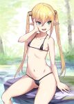  1girl :d arm_up ass_visible_through_thighs bikini black_bikini blonde_hair blush bosshi breasts collarbone copyright_request day elf feet_out_of_frame green_eyes hand_on_own_cheek hand_on_own_face highres long_hair looking_to_the_side micro_bikini navel open_mouth outdoors pointy_ears pond rock sitting small_breasts smile solo stomach swimsuit twintails v-shaped_eyebrows very_long_hair water 
