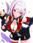  1girl 95--- bare_shoulders belt black_belt black_choker black_gloves black_leotard black_sleeves blue_eyes breasts choker cleavage coin colored_inner_hair detached_sleeves english_commentary gloves hair_between_eyes hair_ornament hairclip halterneck hand_on_own_hip highres holding holding_coin honkai:_star_rail honkai_(series) large_breasts leaning_forward leotard looking_at_viewer mole mole_on_thigh multicolored_hair numby_(honkai:_star_rail) open_mouth red_eyeliner red_hair short_hair simple_background smile solo sparkle streaked_hair teeth thigh_strap topaz_(honkai:_star_rail) upper_teeth_only white_hair 