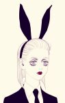  1girl animal_ears bella_scottland black_suit blue_eyes expressionless eyelashes fake_animal_ears formal hair_slicked_back hunter_x_hunter lipstick looking_to_the_side lop_rabbit_ears makeup medium_hair necktie red_lips shirt simple_background solo suit theta_(hunter_x_hunter) upper_body white_background white_shirt 