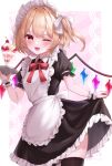  1girl ;d alternate_costume apron black_shirt black_skirt black_thighhighs blonde_hair cowboy_shot enmaided fang flandre_scarlet floating_hair frilled_apron frilled_skirt frills highres holding holding_plate long_hair looking_at_viewer maid maid_headdress miniskirt naarsann neck_ribbon one_eye_closed open_mouth parfait plate red_eyes red_ribbon ribbon shirt short_sleeves side_ponytail skirt skirt_hold smile solo standing thighhighs touhou white_apron wings 