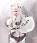  absurd_res anthro big_breasts big_butt breasts butt canid canine fangs female fox fur hair hi_res holding_breast huge_breasts huge_butt huge_thighs kemono looking_at_viewer mammal markings open_mouth orange_eyes qavc rear_view shadow side_boob smile solo standing tail teeth thick_thighs white_body white_fur white_hair 