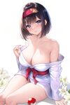  1girl bare_shoulders black_hair blush breasts cleavage collarbone erika_(pokemon) flower hairband highres japanese_clothes kimono large_breasts looking_at_viewer poke_ball pokemon pokemon_(game) pokemon_frlg red_hairband short_hair smile solo studiopokotan wet white_background 