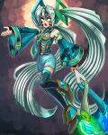  alternate_costume alternate_eye_color alternate_hair_color armor bare_shoulders blank_eyes corruption crossover crypton_future_media dark_persona facial_tattoo fierce_deity fire floating hatsune_miku highres holding necktie nintendo open_mouth outstretched_arm possessed spring_onion stoic_seraphim tattoo the_legend_of_zelda the_legend_of_zelda:_majora&#039;s_mask twintails vocaloid white_hair 